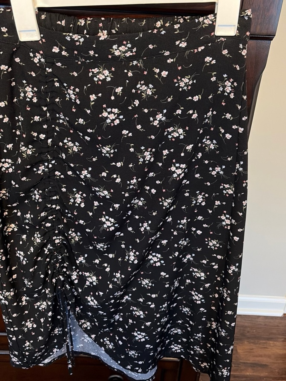 Black Floral Midi Skirt with Ruching